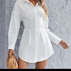 Hidden Button Pleated Waist Shirt Dress